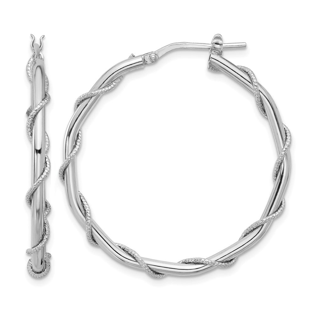 Sterling Silver Rh Plated Polished/Textured/Twisted Hoop Earrings