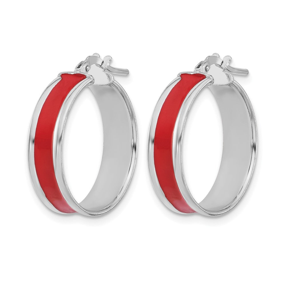 Sterling Silver Rh Plt Polished Red Enamel Round Hoop Earrings