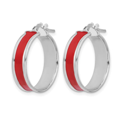 Sterling Silver Rh Plt Polished Red Enamel Round Hoop Earrings
