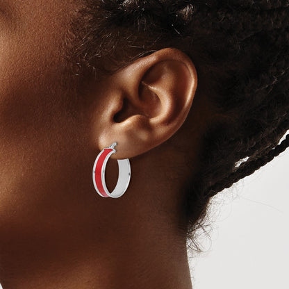 Sterling Silver Rh Plt Polished Red Enamel Round Hoop Earrings