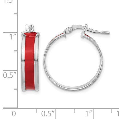 Sterling Silver Rh Plt Polished Red Enamel Round Hoop Earrings