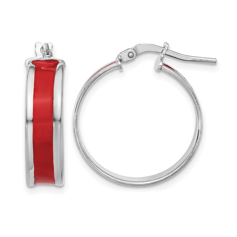 Sterling Silver Rh Plt Polished Red Enamel Round Hoop Earrings