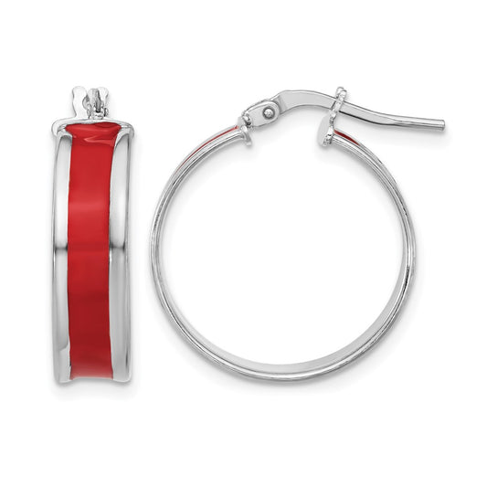 Sterling Silver Rh Plt Polished Red Enamel Round Hoop Earrings