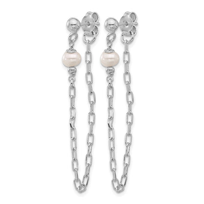 Sterling Silver Rh Plat Fwc Pearl Front/Back Chain Dangle Earrings