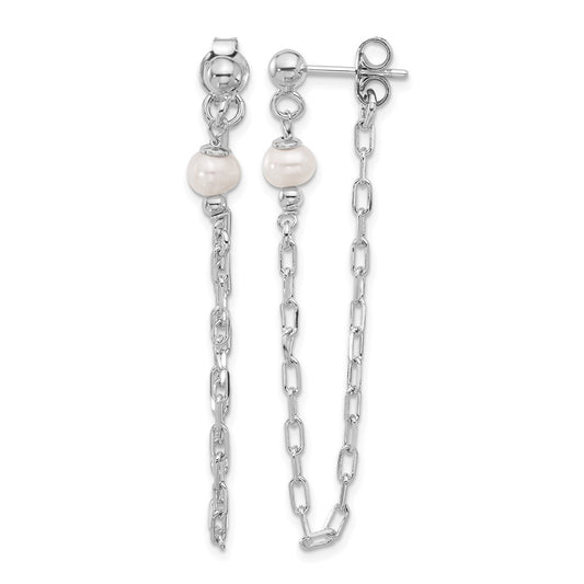 Sterling Silver Rh Plat Fwc Pearl Front/Back Chain Dangle Earrings