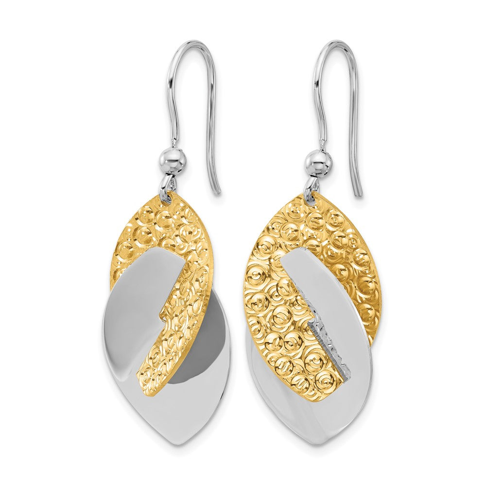 Gold Plated Ss Rhod And Tone Polished Textured Dangle Earrings