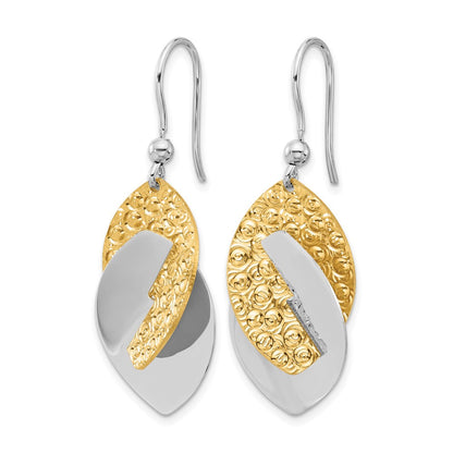 Gold Plated Ss Rhod And Tone Polished Textured Dangle Earrings
