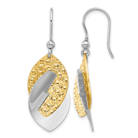 Gold Plated Ss Rhod And Tone Polished Textured Dangle Earrings