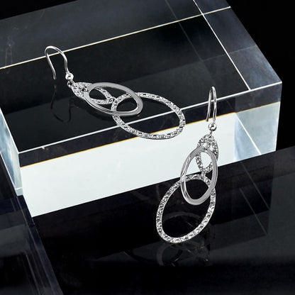 Sterling Silver Rh Plated Polished/Textured Ovals Dangle Earrings