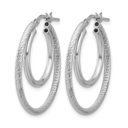 Sterling Silver Rh Plat Polished And Textured Double Hoop Earrings