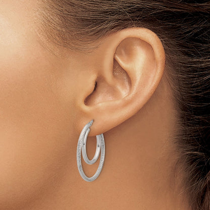 Sterling Silver Rh Plat Polished And Textured Double Hoop Earrings