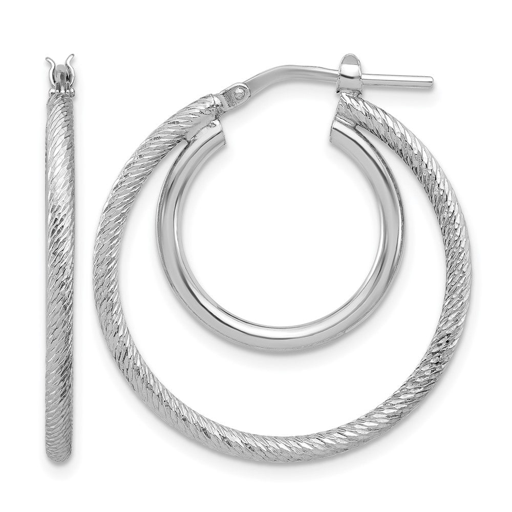 Sterling Silver Rh Plat Polished And Textured Double Hoop Earrings