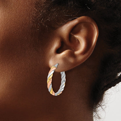 Sterling Silver Ss Rh Plated With Gold And Rose Tone Polished Hoop Earrings