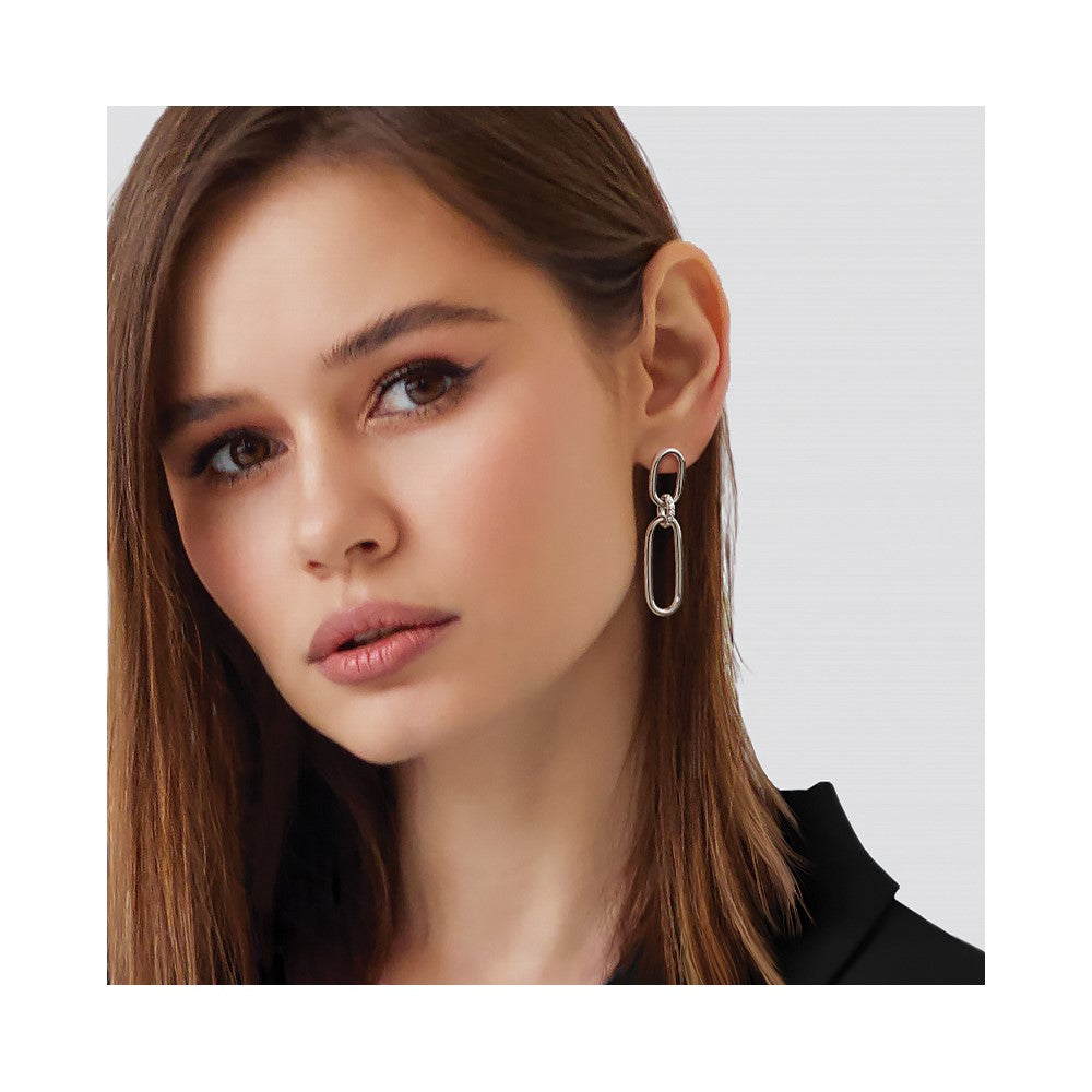 Sterling Silver Rh Plated Polished Cz Dangle Post Earrings