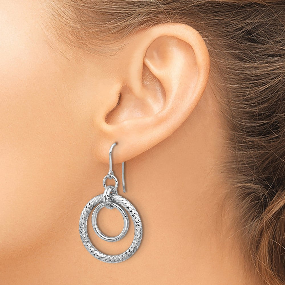 Sterling Silver Rh Pl Polish/Dia Cut Circles Dangle Earrings