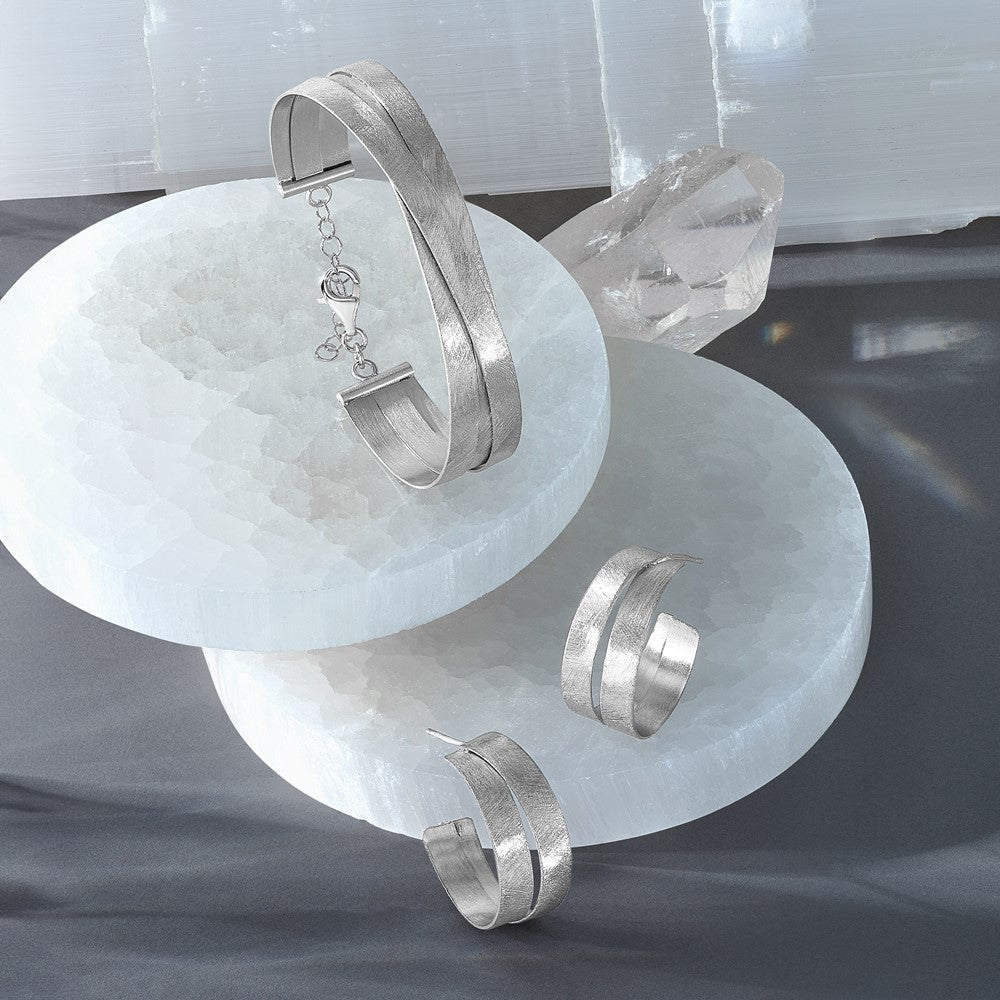 Sterling Silver Rhodium Plate Scratch Finish J Hoop Earrings