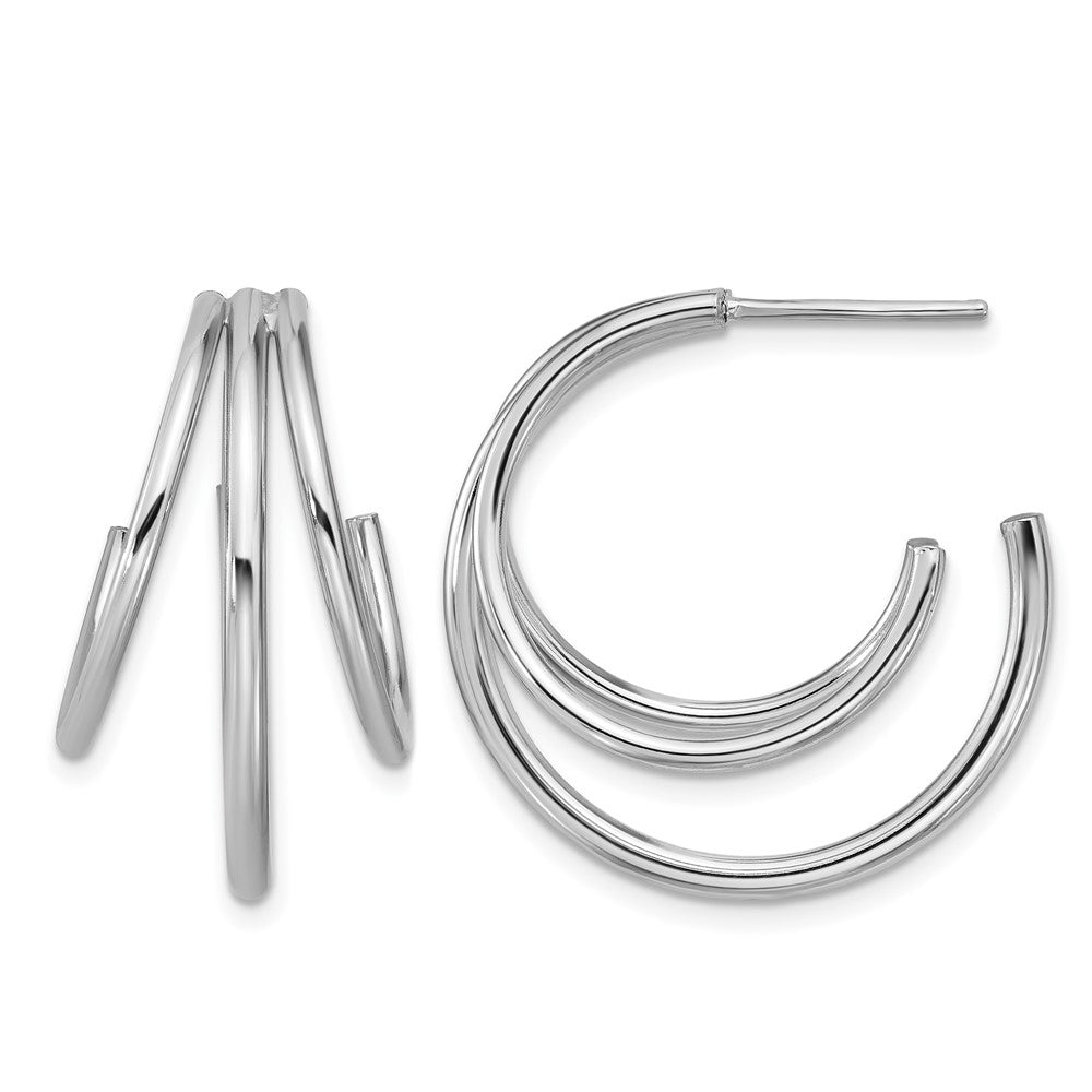 Sterling Silver Rh Plated Polished 3 Row J Hoop Post Earrings
