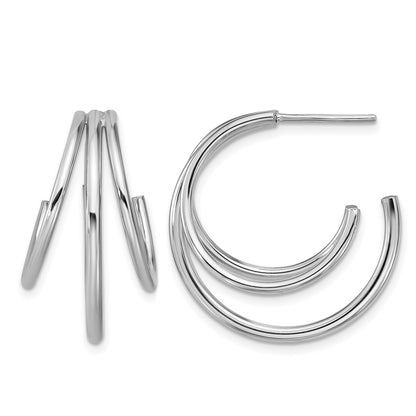 Sterling Silver Rh Plated Polished 3 Row J Hoop Post Earrings
