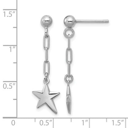 Sterling Silver Ss Rh Plated Polished Star Link Dangle Post Earrings