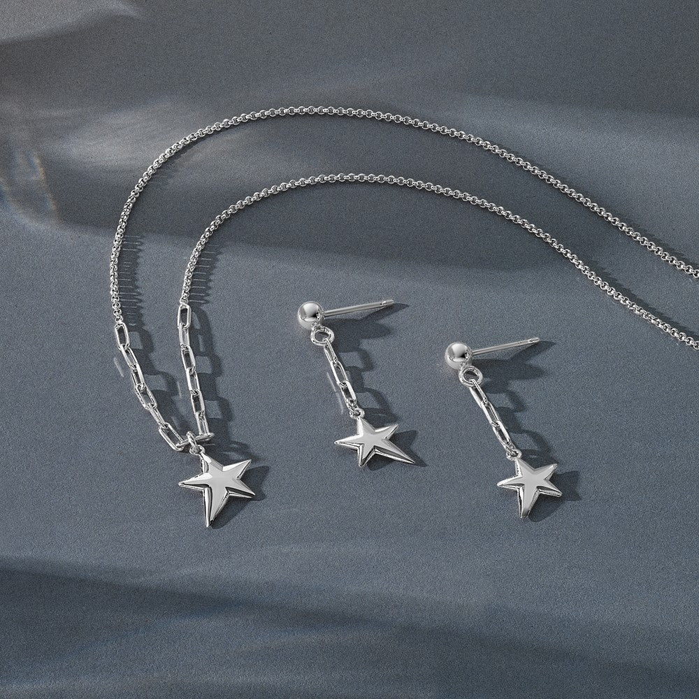 Sterling Silver Ss Rh Plated Polished Star Link Dangle Post Earrings