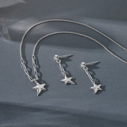 Sterling Silver Ss Rh Plated Polished Star Link Dangle Post Earrings