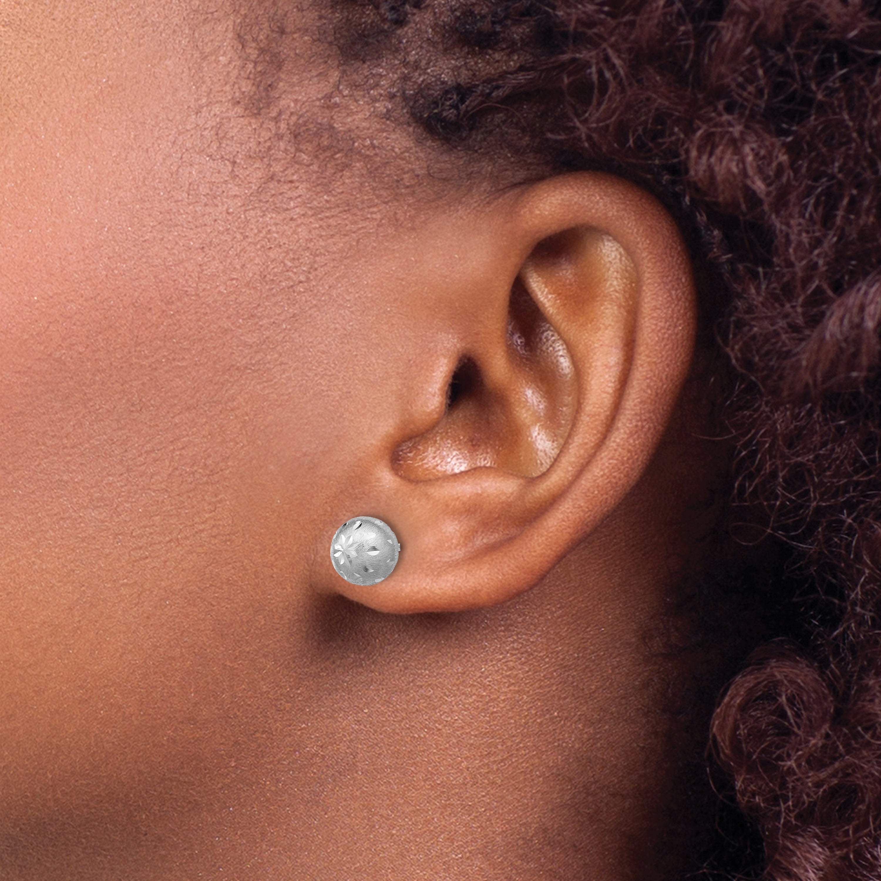 Sterling Silver Ss Rh Plated Polished/Brushed/Dia Cut Ball Post Earrings