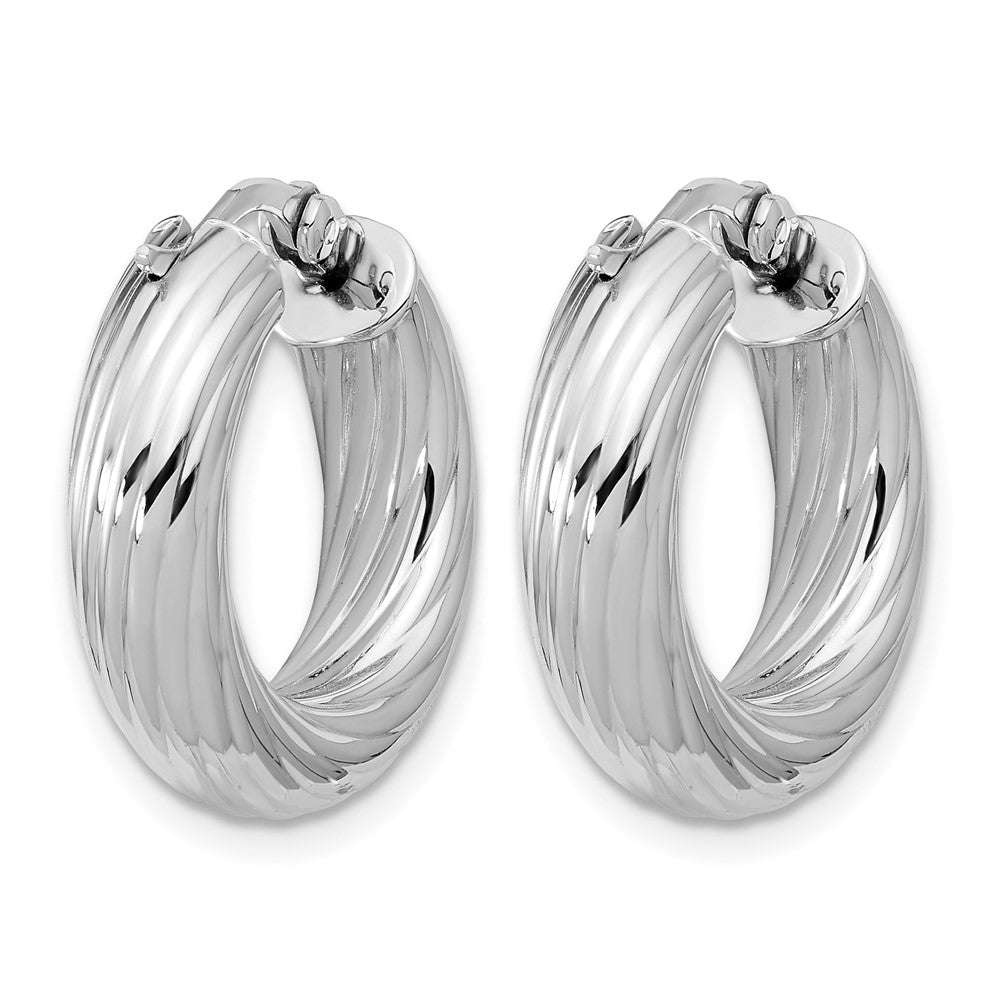 Sterling Silver Rh Plat Polish/Grooved Round Hoop Earrings