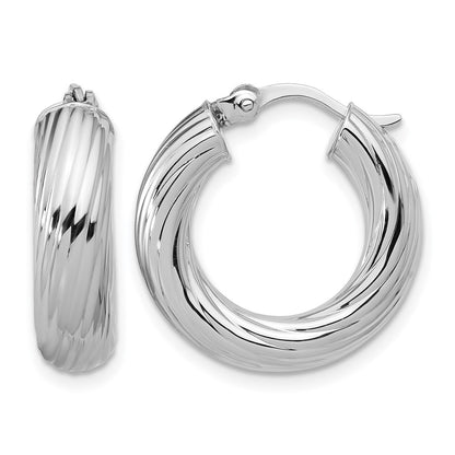Sterling Silver Rh Plat Polish/Grooved Round Hoop Earrings