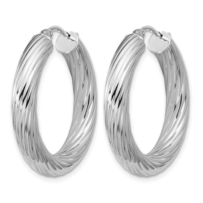 Sterling Silver Rh Plat Polish/Grooved Round Hoop Earrings