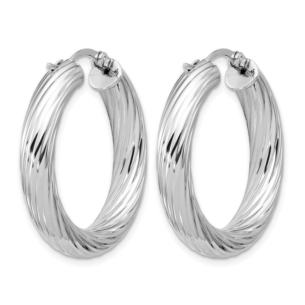Sterling Silver Rh Plat Polish/Grooved Round Hoop Earrings