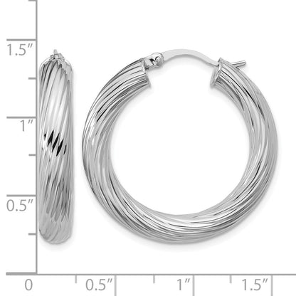 Sterling Silver Rh Plat Polish/Grooved Round Hoop Earrings