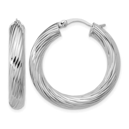Sterling Silver Rh Plat Polish/Grooved Round Hoop Earrings
