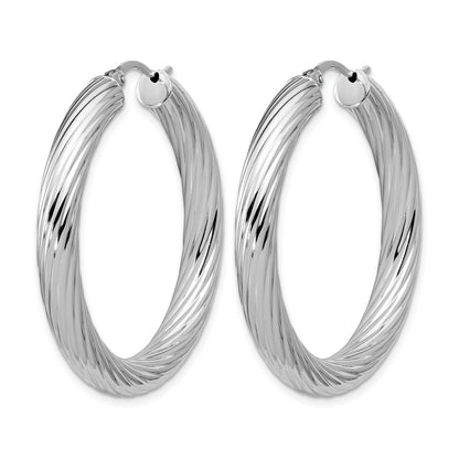 Sterling Silver Rh Plat Polish/Grooved Round Hoop Earrings