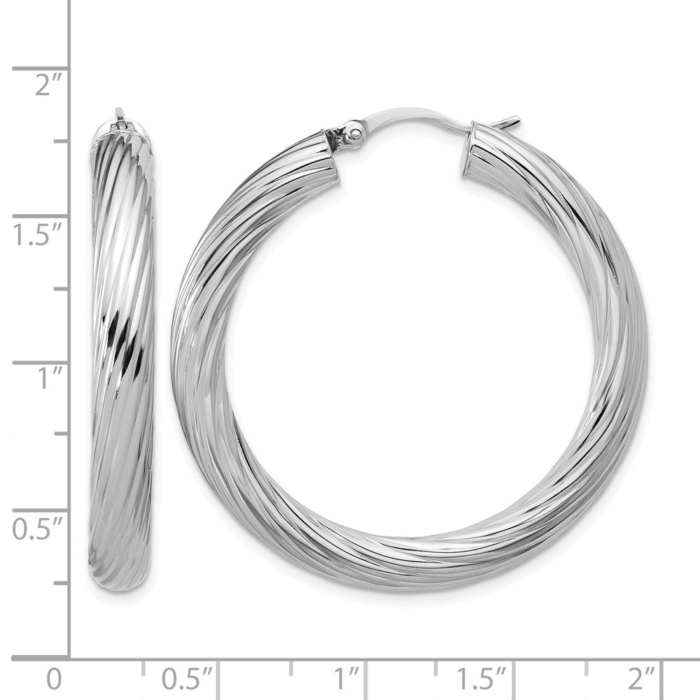 Sterling Silver Rh Plat Polish/Grooved Round Hoop Earrings