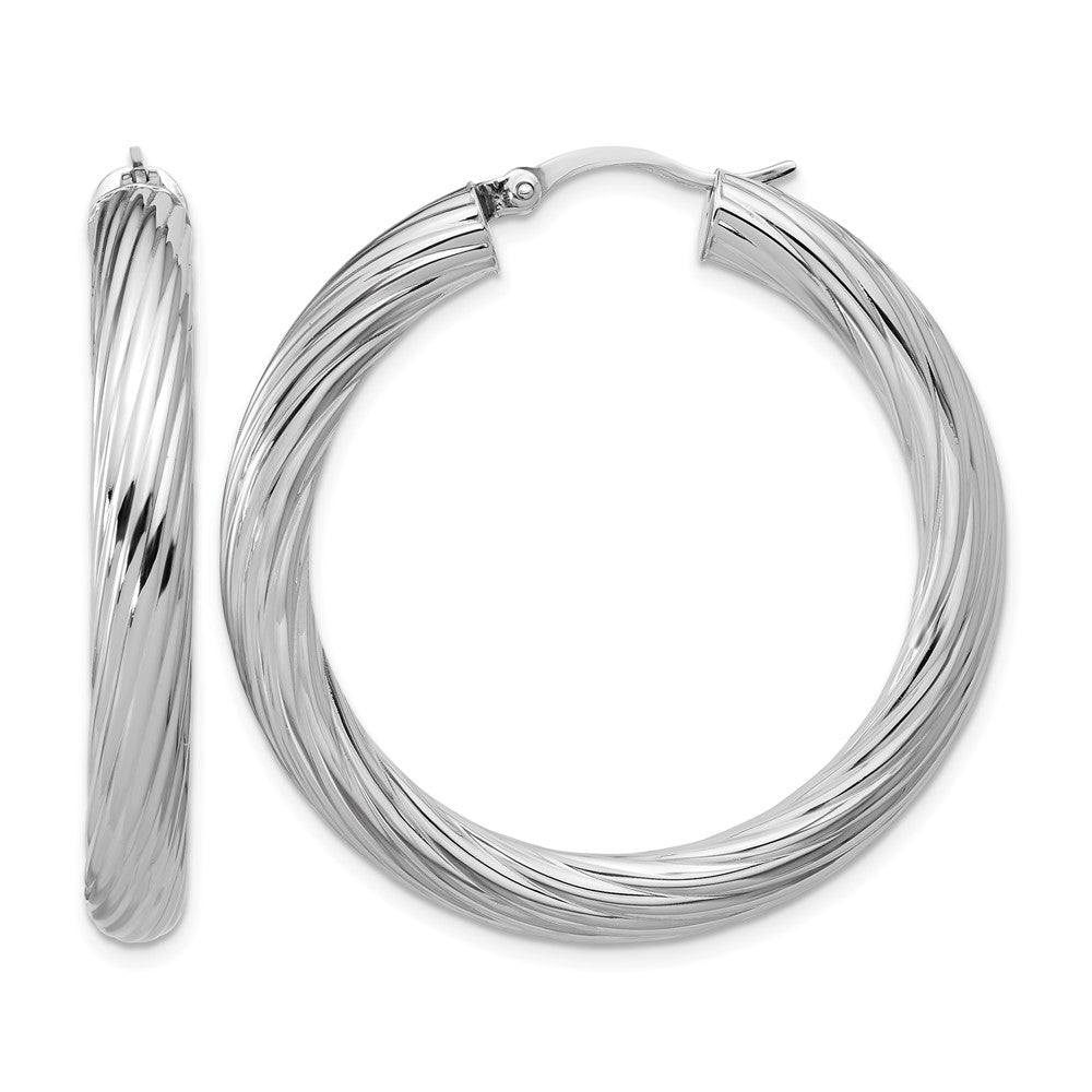 Sterling Silver Rh Plat Polish/Grooved Round Hoop Earrings