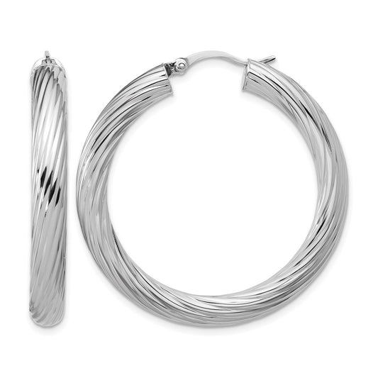 Sterling Silver Rh Plat Polish/Grooved Round Hoop Earrings