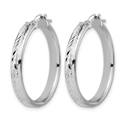 Sterling Silver Rh Plat Polish/Dia Cut Round Hoop Earrings