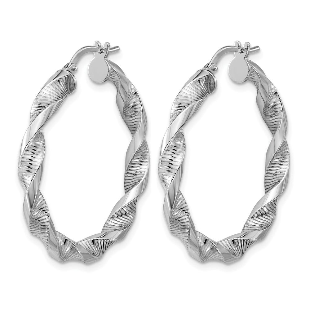 Sterling Silver Rh Plat Polish/Textured Twist Hoop Earrings