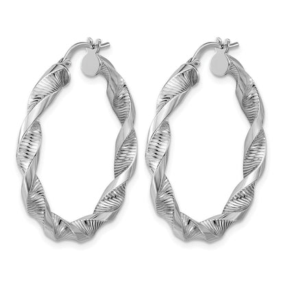 Sterling Silver Rh Plat Polish/Textured Twist Hoop Earrings