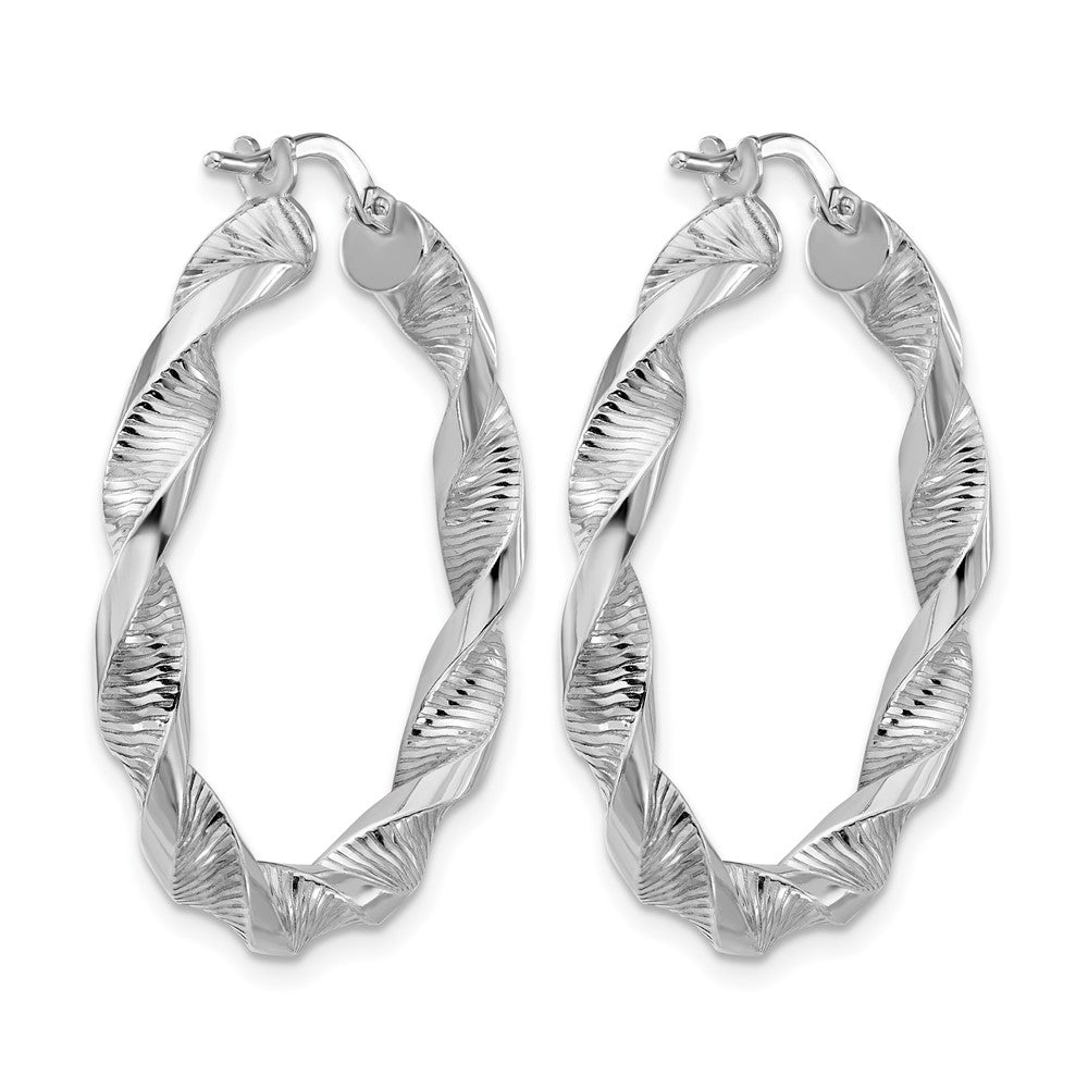Sterling Silver Rh Plat Polish/Textured Twist Hoop Earrings