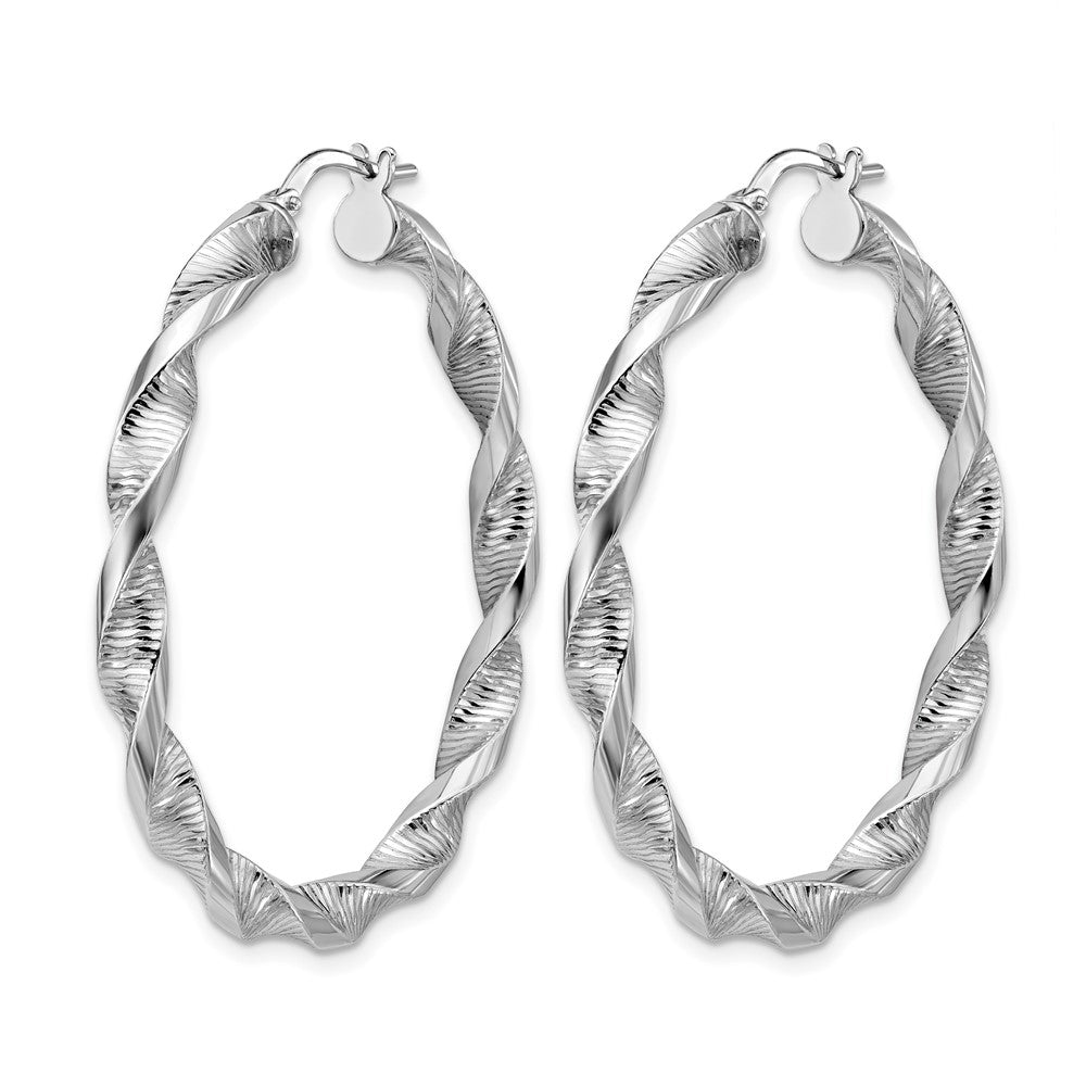 Sterling Silver Rh Plat Polish/Textured Twist Hoop Earrings