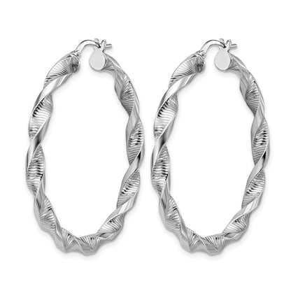 Sterling Silver Rh Plat Polish/Textured Twist Hoop Earrings