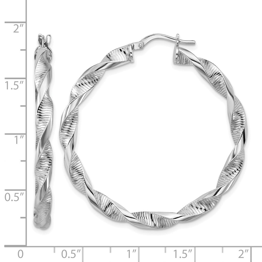 Sterling Silver Rh Plat Polish/Textured Twist Hoop Earrings