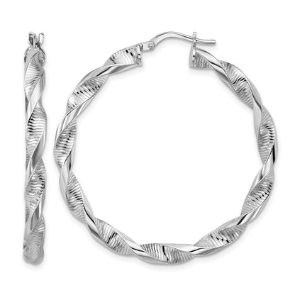 Sterling Silver Rh Plat Polish/Textured Twist Hoop Earrings