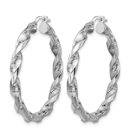 Sterling Silver Rh Plat Polish/Textured Twist Hoop Earrings