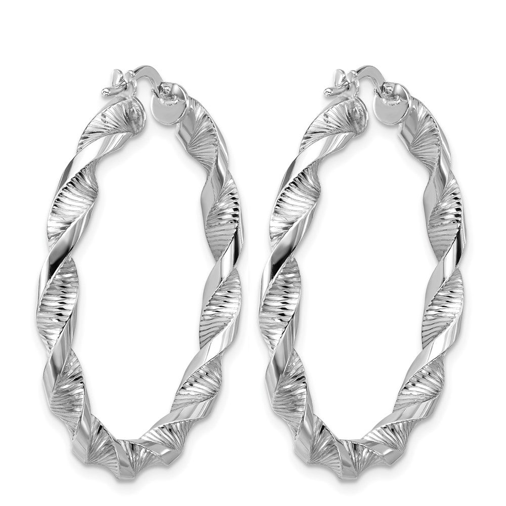 Sterling Silver Rh Plat Polish/Textured Twist Hoop Earrings