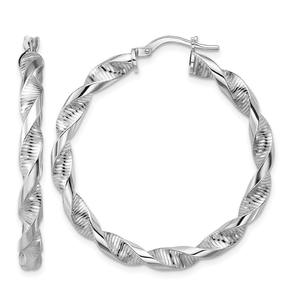 Sterling Silver Rh Plat Polish/Textured Twist Hoop Earrings
