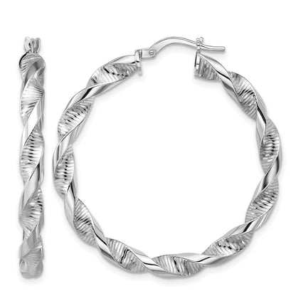Sterling Silver Rh Plat Polish/Textured Twist Hoop Earrings
