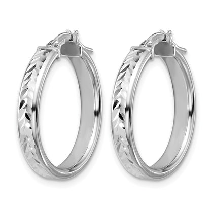 Sterling Silver Rh Plat Polish/Dia Cut Round Hoop Earrings