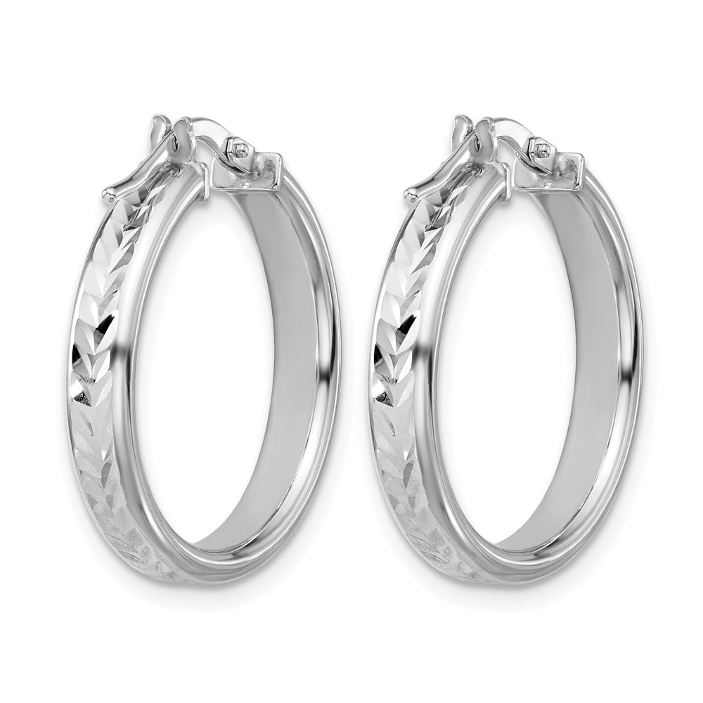 Sterling Silver Rh Plat Polish/Dia Cut Round Hoop Earrings